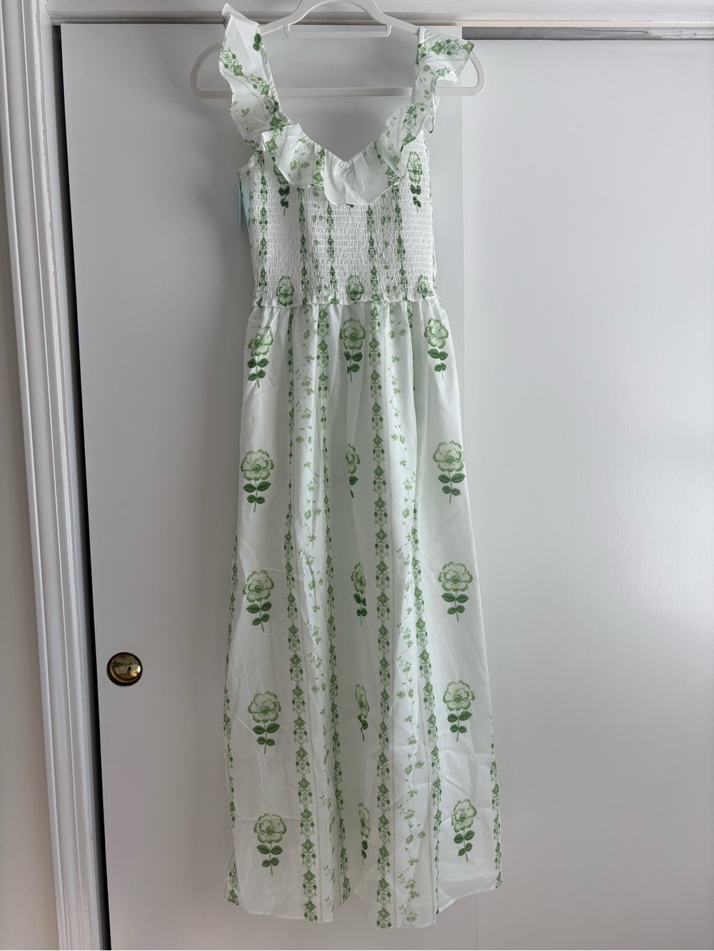 Hill House White Maxi Dress with Green Floral Print